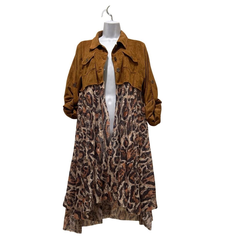 Origami Apparel Faux Suede Leopard Print Lace Duster Cardigan, western women S/M